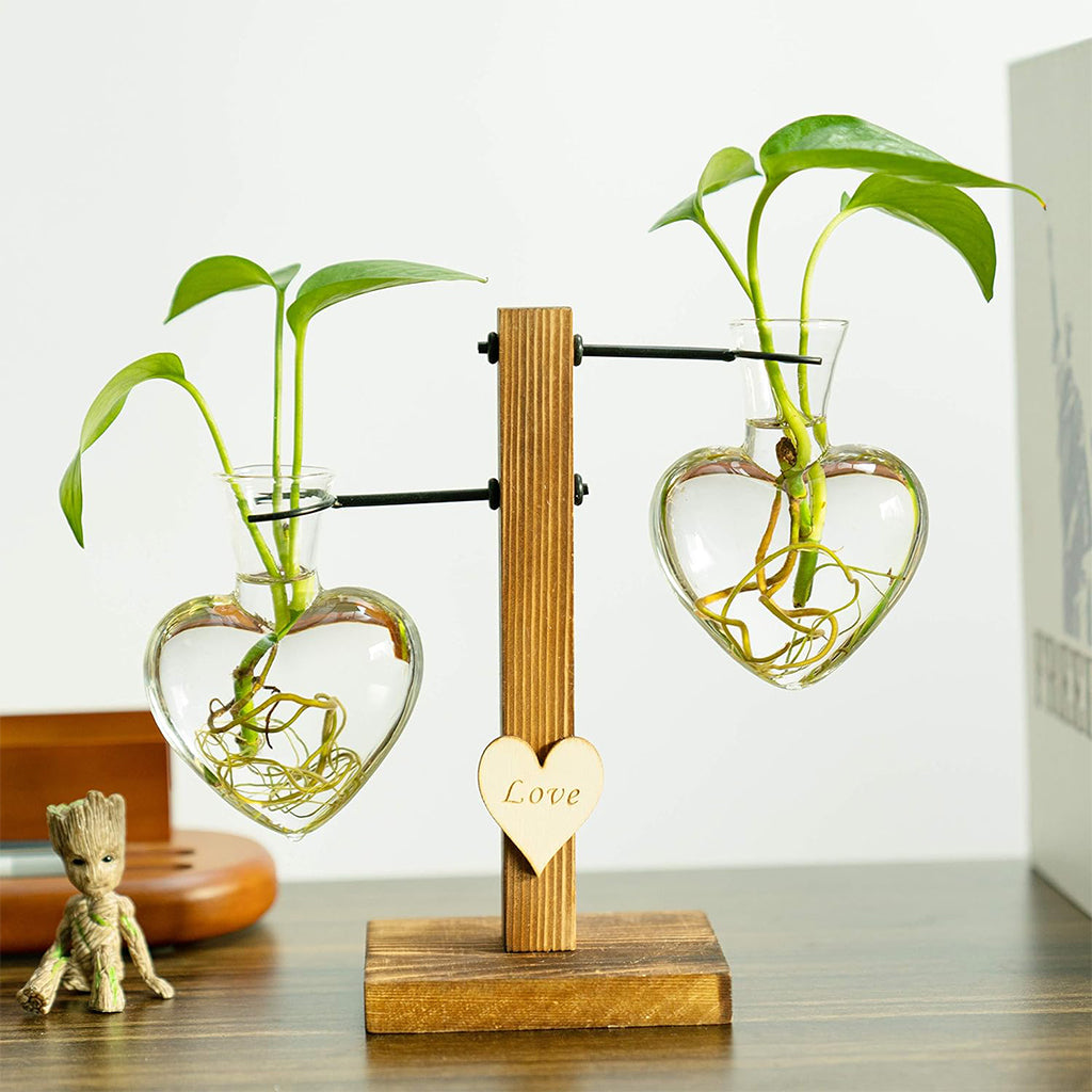 HASTHIP Hydroponic Glass Vase & Stand Kit Heart Shape Hydroponic Glass Bottle with T-Shaped Wooden Stand Romantic Room Decor Gift Hydroponic Glass Vase Kit Christmas Gift Birthday Gift