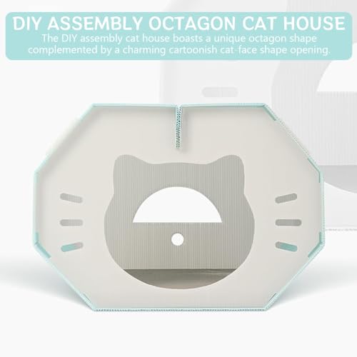 Qpets Assembly Cat House Air Ventilation Cat House Octagon Cat House with Open Roof Waterproof PP BPA-free Cat Scratcher Play House Cat House with Cat Scratcher Mat, 42x36x30cm