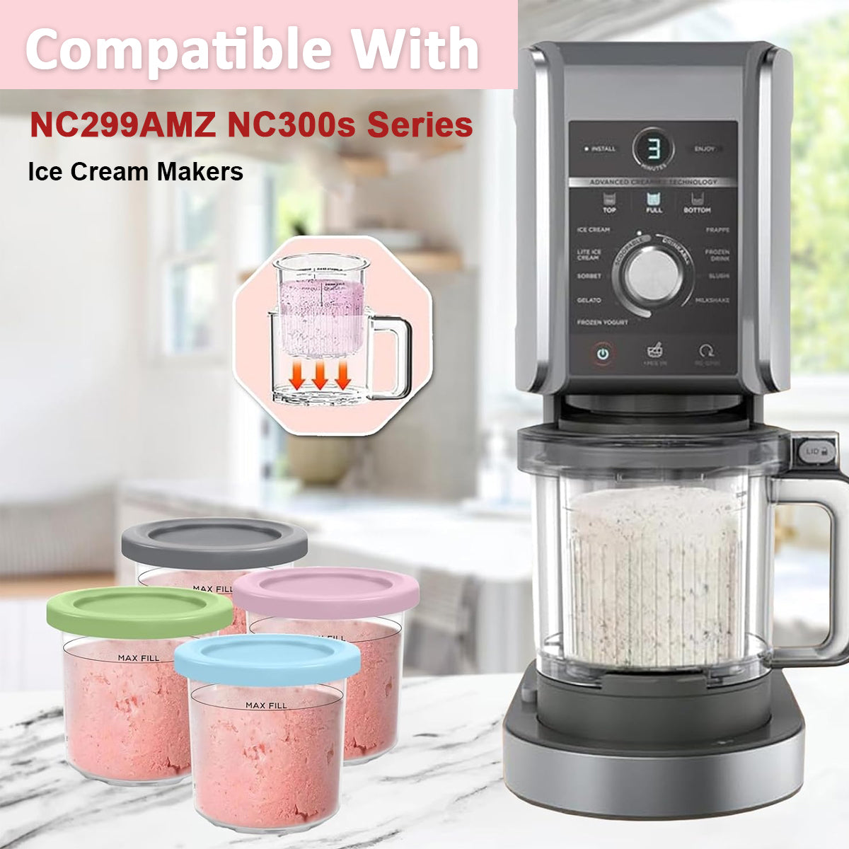 HASTHIP 4Pcs 16Oz Ice Cream Tubs Compatible with Ninja CREAMi Ice Cream Maker NC300, NC299AM Ice Cream Tubs Ice Cream Pints with Lids for Ninja Ice Cream Maker, with 4 Color Spoons & Ice Cream Scoop