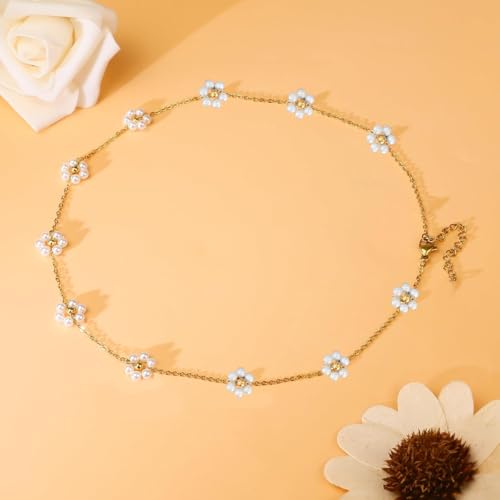 SANNIDHI® Pearl Necklace for Women Girls Flower Pendant Necklace with Gift Box Gold Plated Stainless Steel Chain Jewellery Valentine Birthday Gifts for Women Girls Sister Girlfriend X 3
