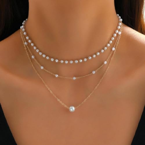 SANNIDHI® Pearl Necklace for Women 1Pcs Gold Layered Pearls Choker Necklaces Jewelry Set for Woman Gifts