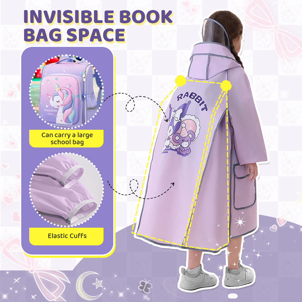 PATPAT Rain Poncho for Girls Kids Rain Coat EVA Rain Coat Knee-length Rain Coat with Transparent Wide Brim Hat & Pocket Button-Up High Collar Rain Coat Cartoon Kuromi Rain Coat for School, Camping, L
