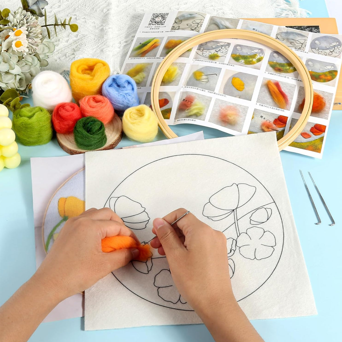PATPAT DIY Needle Felt Art Craft Kit Flower Poking Stitch Art Kit with Embroidery Punch Needles, 8.35 inches Dia Embroidery Hoop, DIY Art Gift for Kids Adults