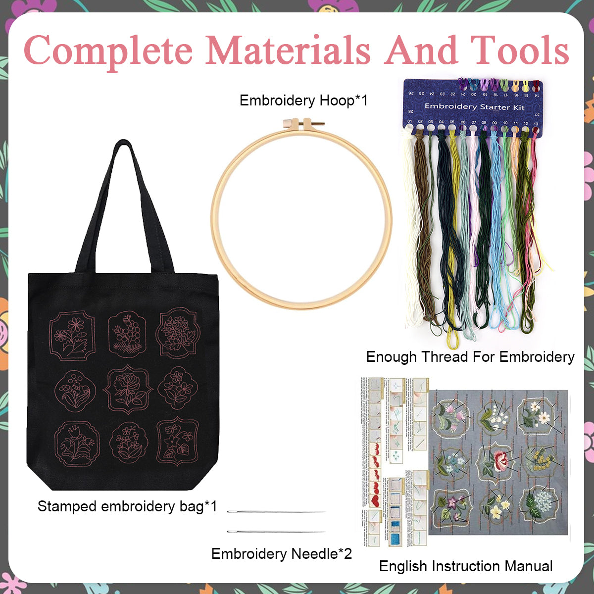 PATPAT DIY Embroidery Canvas Tote Floral Embroidery Canvas Shoulder Bag Embroidery Artcraft Material Pack with 35x33cm Canvas Bag & Color Yarns, Needles, Hoop and Tools DIY Embroidery Book Bag