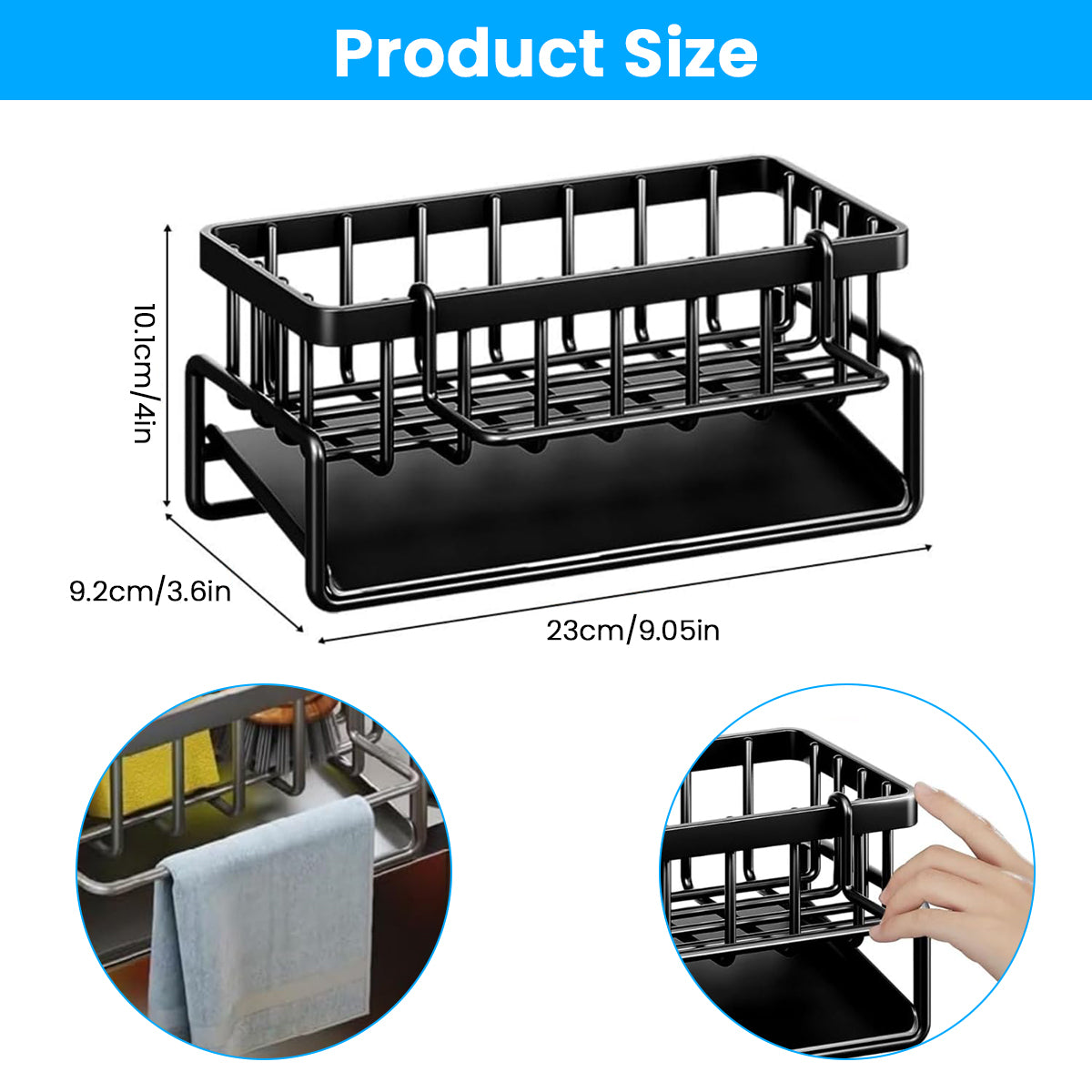 HASTHIP Sponge Holder for Kitchen Sink, Stainless Steel Sink Caddy with Self Drain Tray, Rustproof Kitchen Sink Organizer Brush Caddy Sponge Rack for Kitchen Accessories, 23x10x12cm