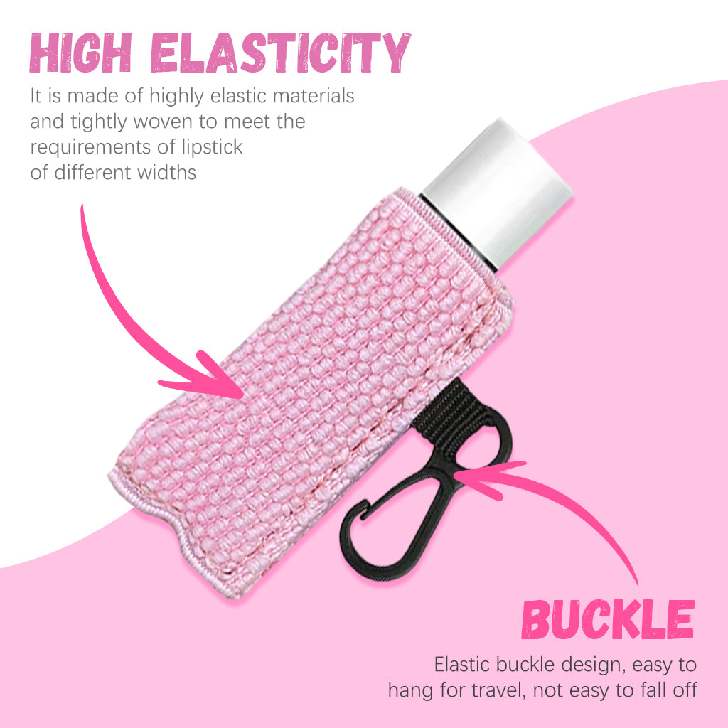 MAYCREATE 2pcs Lipstick Holder Keychain Sleeves, Lip Balm Lipstick Case Holder Key Chain, Elastic Tight-Knit Chapstick Keychains, Portable Clip on Lip Balm Pouch for Women Girls (Black & Pink)