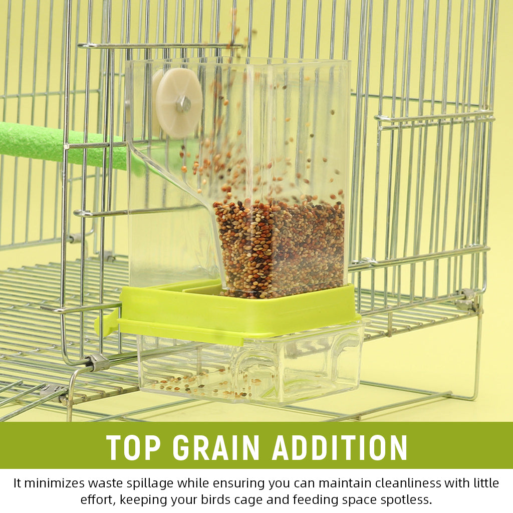 Qpets Parrot Feeder, Bird Feeder for Cage, Transparent Bird Food Box No Jam Automatic Food Feeder with Perch & Bottom Removable Catching Tray - 7.9x8.3x18.5CM