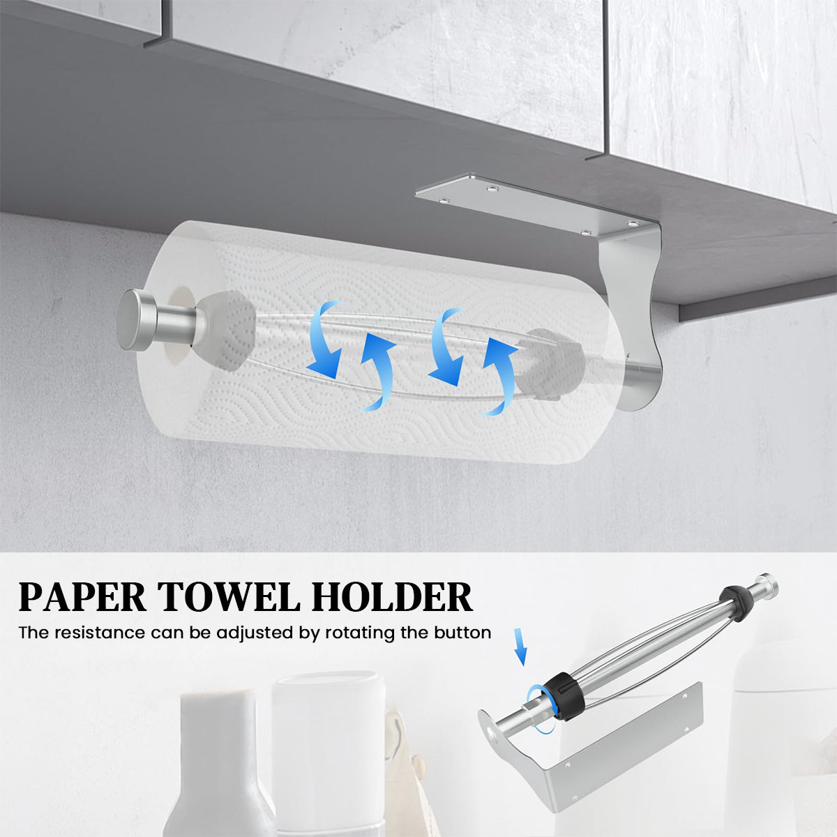 HASTHIP Toilet Paper Towel Holder Wall Self-adhesive Stainless Steel Paper Towel No Drill Kitchen Under Cabinet Paper Towel Holder Bathroom Paper Towel Kitchen Paper Towel Dispenser Holder