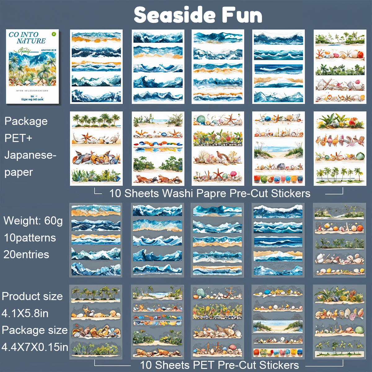 HASTHIP 20 Sheet Stickers Set, Beach and Sea Natural Landscape Themed Sticker Book for Journal, Vintage Stickers for Scrapbooking, DIY Crafts, Album