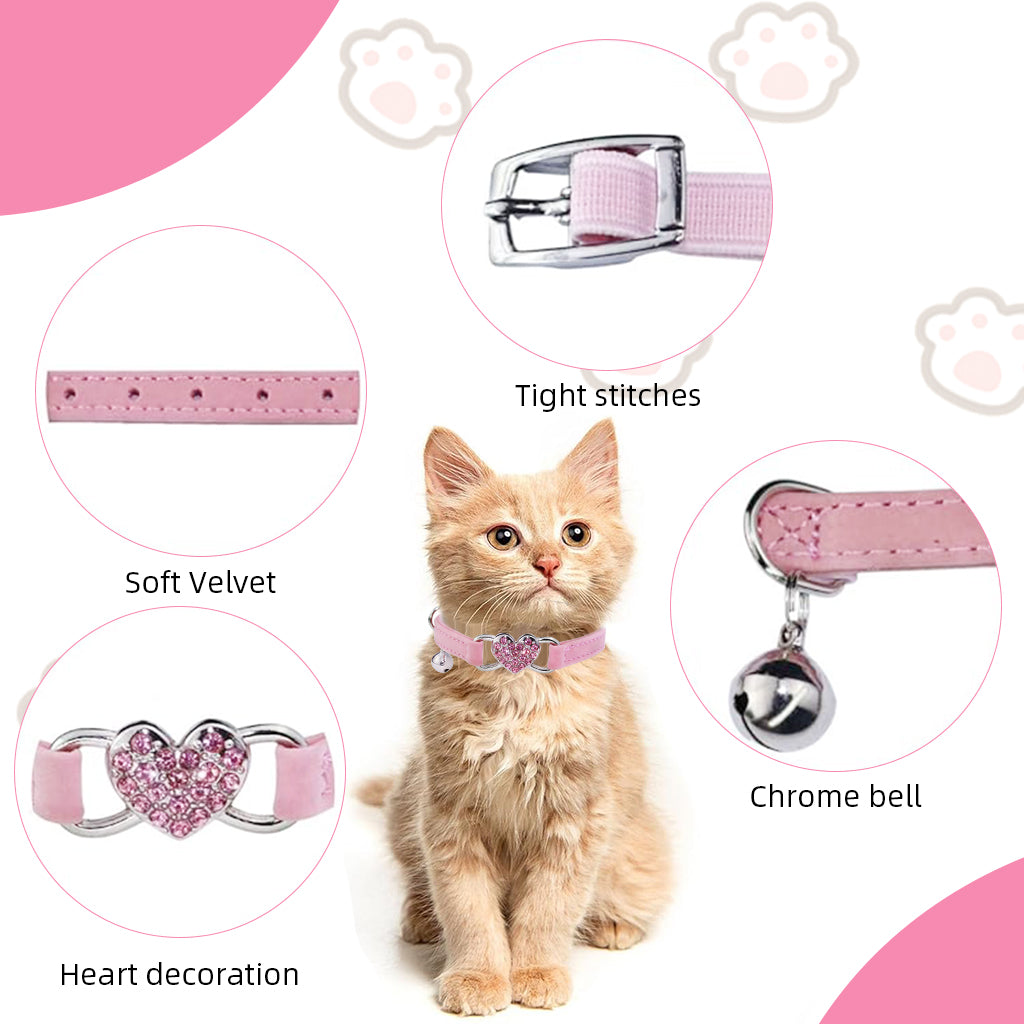 Qpets Cat Collar Bling Bling Cat Collar with Bell & D Ring Pink Rhinestone Embellished Heart Charm Cat Collar Adjustable Pet Collar for Cats Samll Dogs