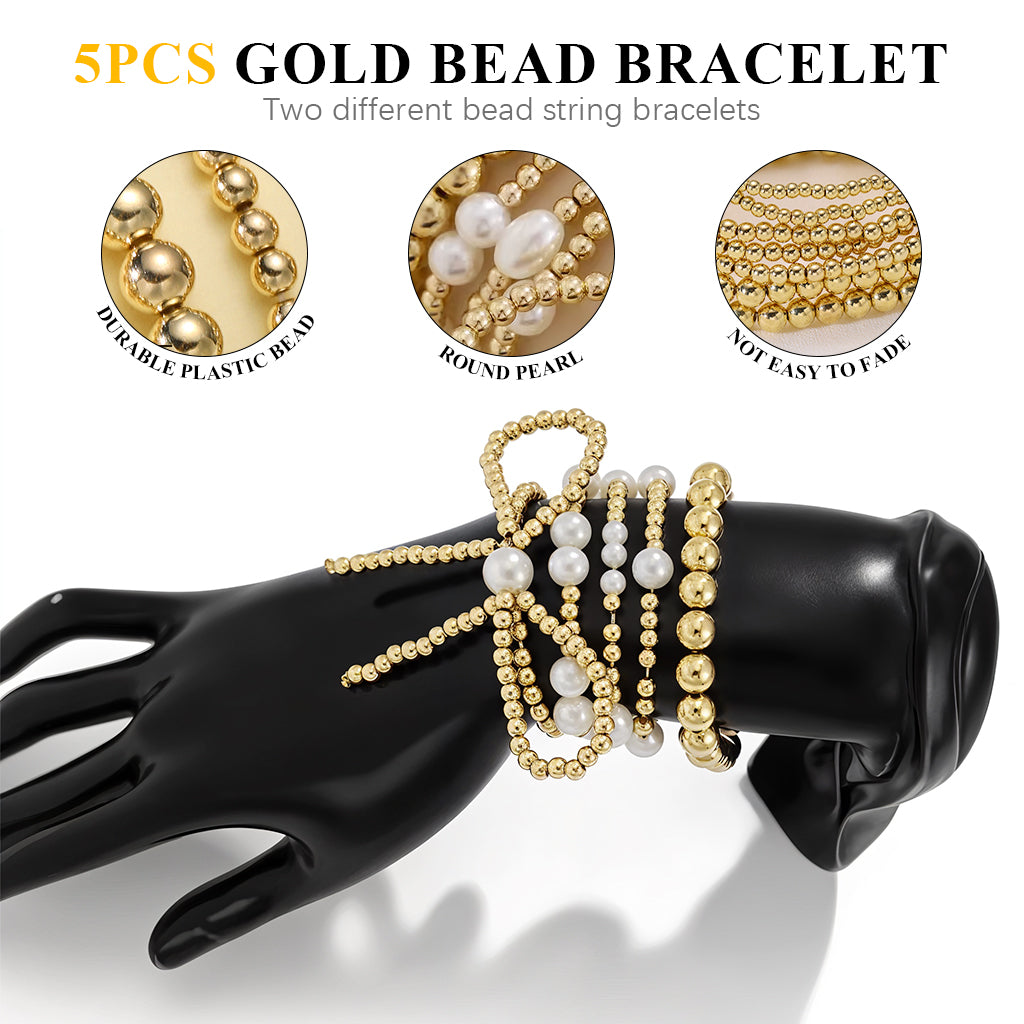 SANNIDHI 5Pcs Metal Beaded Bracelets Golden Beaded Faux Pearl Bracelets for Girls Women Golden Finish Elegant Bowknot String Beaded Bracelets Jewelry Gift for Girls Birthday Gift