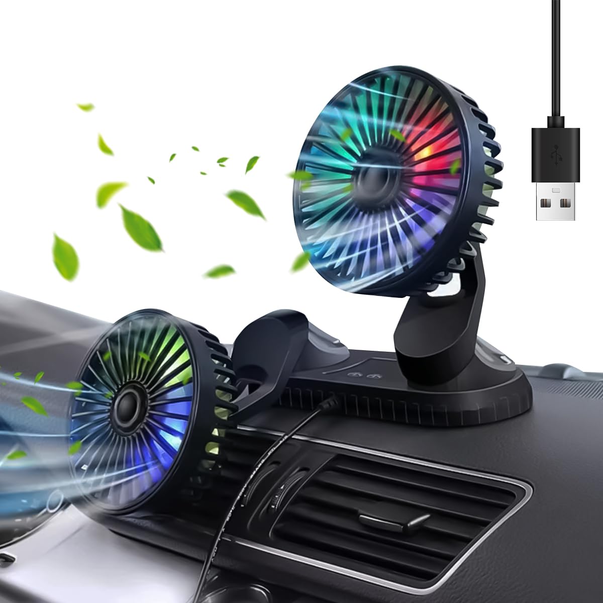 STHIRA Fashion Dual Head Car Fan with Separate Controls, LED Lights & Flexible Arm Design USB Fan for Car, Plug and Play DC Fan, 12V High-Speed Airflow, Compact Size, Universal Fit for All Vehicles