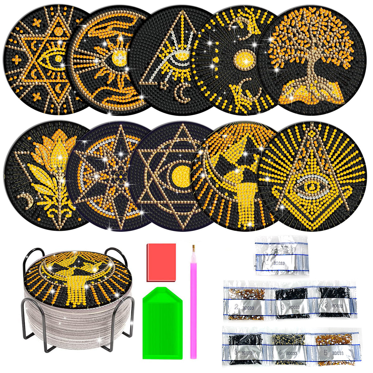 HASTHIP 10Pcs DIY Diamond Painting Coasters Material Kit Creatvie Tarot Coasters set with Holder, Beginners DIY Diamond Art Kit with Accessories and Tools Diamond Painting Art Home Gift