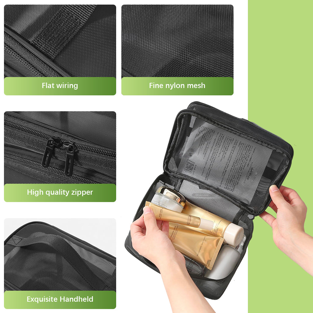 SANNIDHI Makeup Pouch Bag, Travel Makeup Organizer Bag Pouch, Large Mesh Toiletries Cosmetic Bag, Double Layer Nylon Make up Brush Pouch, Zip-up Makeup Tool Bag with Handle