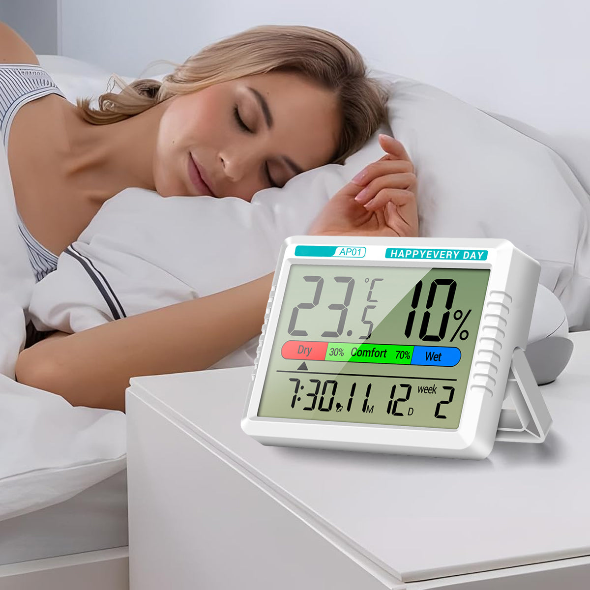 HASTHIP Thermo-Hygrometer Alarm Clock with Snooze Modes, Date & Week Display, LCD Thermo-Hygrometer Wall Desktop Digital Thermometer with Temperature and Humidity Monitor (Battery Not Included)