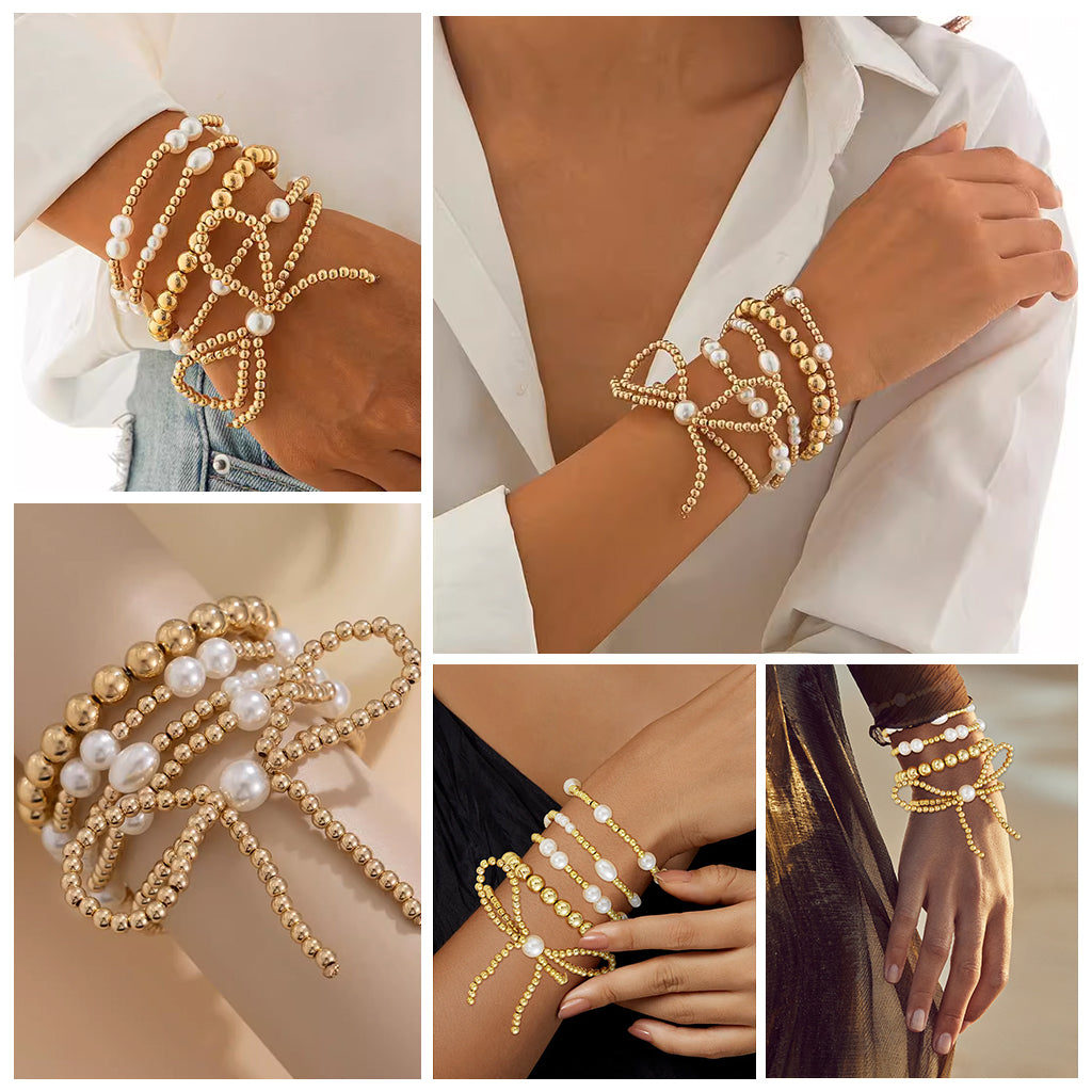 SANNIDHI 5Pcs Metal Beaded Bracelets Golden Beaded Faux Pearl Bracelets for Girls Women Golden Finish Elegant Bowknot String Beaded Bracelets Jewelry Gift for Girls Birthday Gift