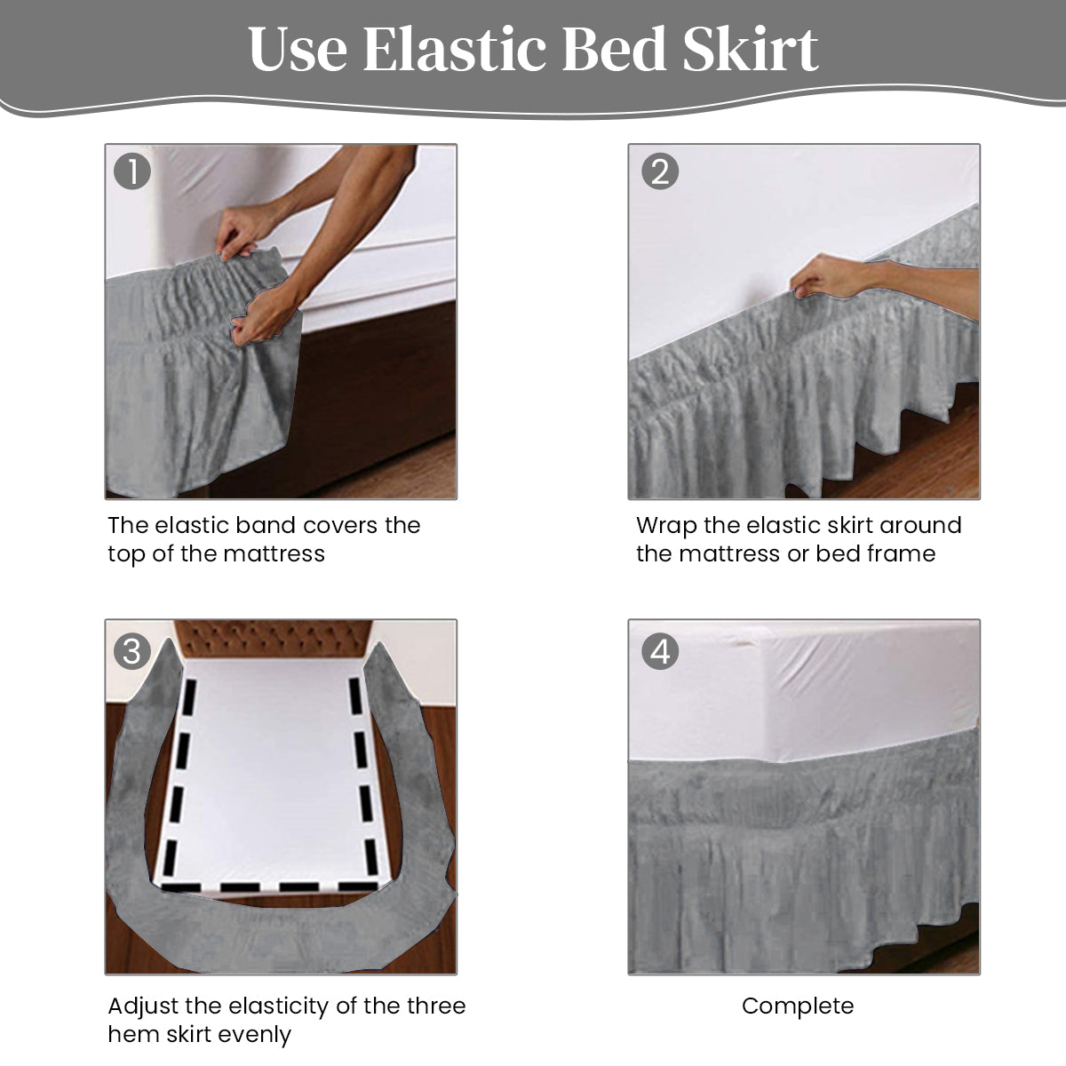 HASTHIP Pleated Bed Skirt for Double Bed 15 inches Grey Double Bed Skirt Minimalism Dust Skirt for Bedroom Ruffled Bed Skirt for 75x39 inches Double Bed