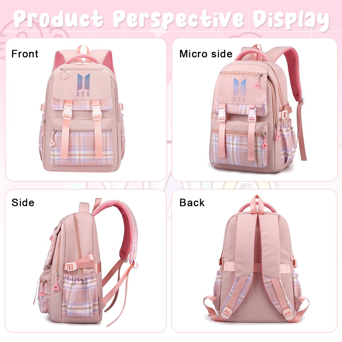PALAY BTS Backpack for School Girls 6-12 Years Old Teens Fashion Checked Print BTS School Backpack Large Multi Layer Book Bag Travel Backpack for Teens Students School Gift for Girls, Pink