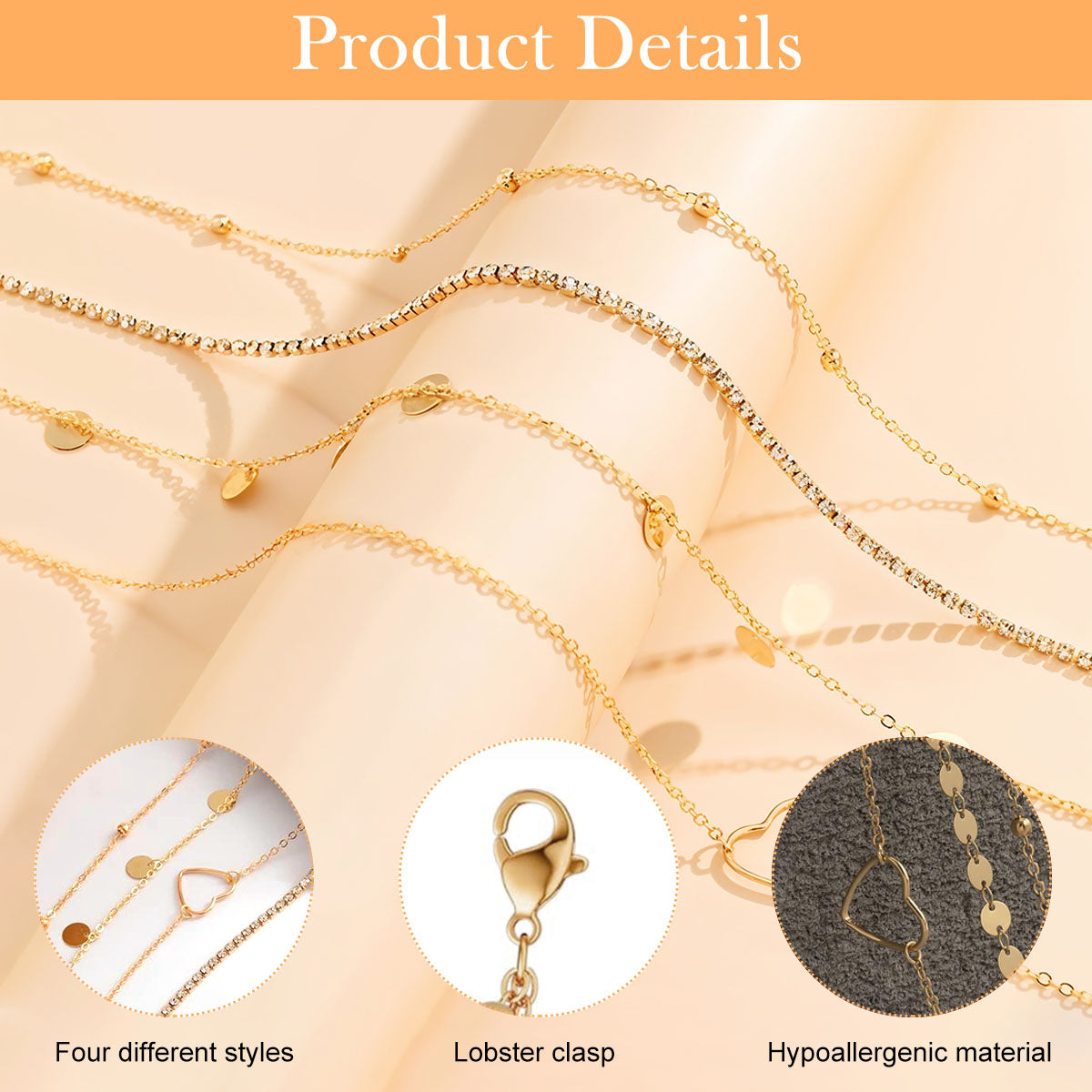 SANNIDHI Chic Waist Chains for Women Set of 4Pcs Slim Golden Chain Body Charm Waist Charm Chain Layered Metal Wasit Chains Bikini Beach Wear Adjustable Saree Waist Chains for Girls, 26.8+9.8 inches
