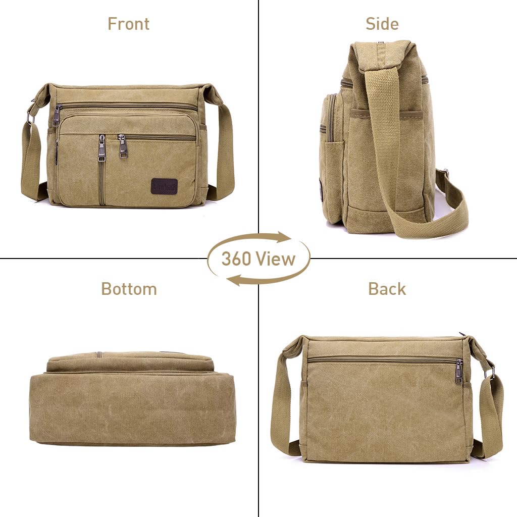 ZIBUYU Sling Bag for Men Crossbody Bag Khaki Canvas Messenger Shoulder Bag Multi-pocket Satchel Crossbody Bag for Mens Side Bags for Men Stylish for Adults, Men and Women