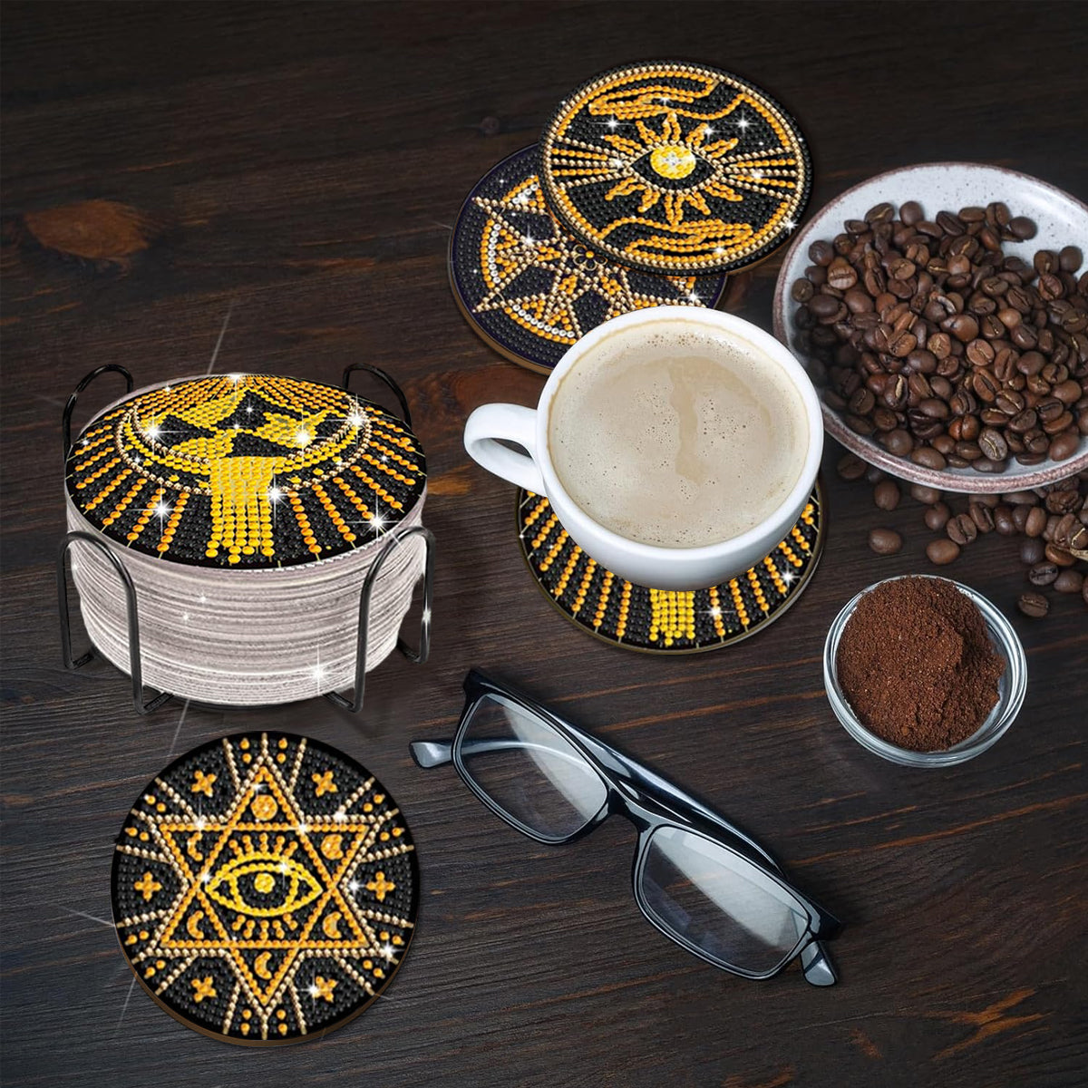 HASTHIP 10Pcs DIY Diamond Painting Coasters Material Kit Creatvie Tarot Coasters set with Holder, Beginners DIY Diamond Art Kit with Accessories and Tools Diamond Painting Art Home Gift