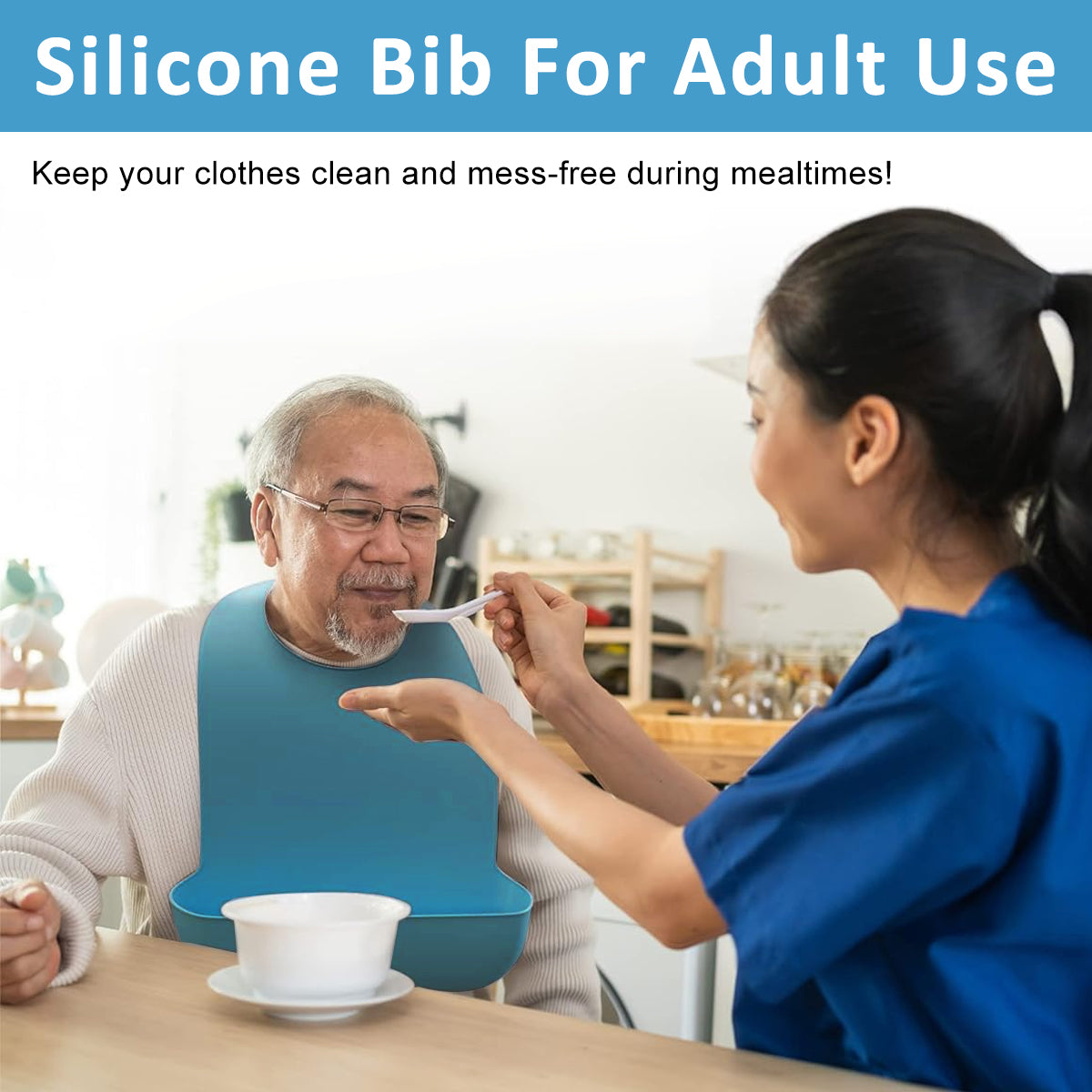HANNEA Silicone Adult Bibs Large Reusable Bib with Catch-All Pocket Adjustable Size Waterproof Dining Bibs for Elders, Patient, Easy To Clean (Blue)
