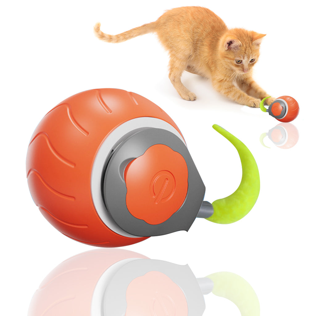 Qpets Smart Cat Toy Ball, Electric Self Roller Ball Cat Toywith Rat Tail, Fun Cat Speedy Ball Toy with 2 Modes Cordless Chasing Ball Toy Food Grade Silicone Cat Toy Teasing Ball - USB Rechargeable