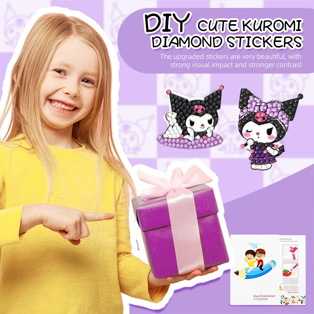 PATPAT DIY Diamond Painting Art Kit Kuromi Diamond Stickers DIY Material Kit with Tools 12Pcs DIY Diamond Painting Cartoon Kuromi Kawaii Stickers for DIY Crafts, Scrapbooking