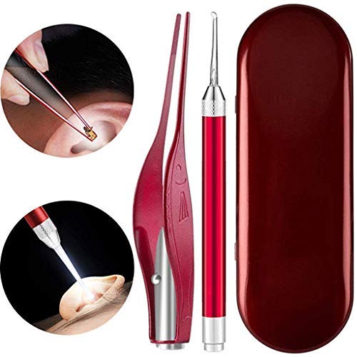 MAYCREATE 2Pcs Ear Cleaner for Baby Kids with LED Light, Ear Wax Removal Tool Portable Earwax Spoon Digger & Tweezers for Kids Baby with Storage Case(Batteries Included)