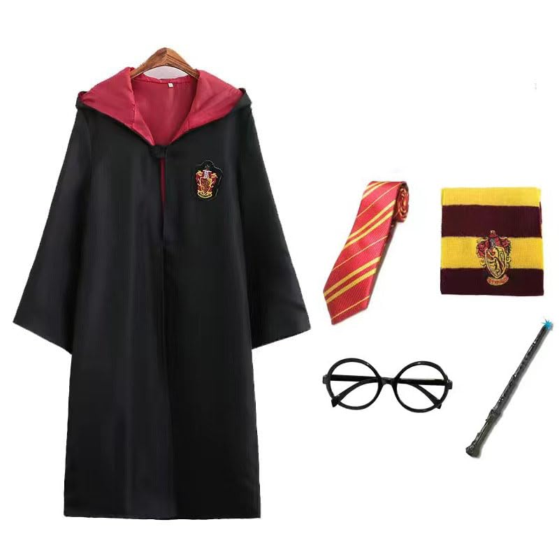 PATPAT Gryffindor Harry Potter Costume, Magic Robe Wizard Costume Magic School Uniform Halloween Costume with Magic stick, Scarf, Tie & Glasses Harry Potter Accessories For Kids 135-145cm High