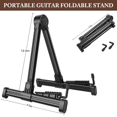 HASTHIP® Adjustable Guitar Stand for Acoustic Electric Bass Durable Aluminum Tripod with Anti-Scratch Silicone Padding Foldable Portable Design Ukulele Violin More Instruments 3PCS