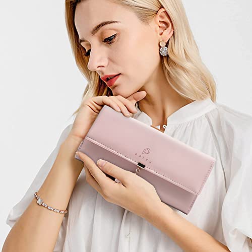 PALAY® Womens PU Leather Long Wallet Leaf Pendant Card Holder Phone Pocket Girls Zipper Coin Purse Pink 2PCS