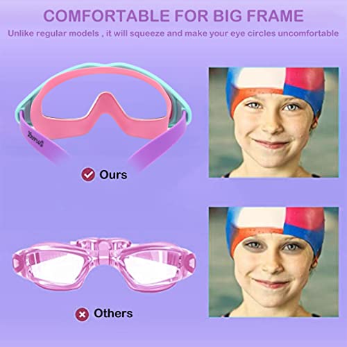 Proberos® Swimming Goggles for Kids, Big Frame Leakproof Swimming Goggles with Ear Plugs, Swim Goggles with Anti Fog and UV Protection for Boys Girls Age 4-10(Pink) 3 PCS