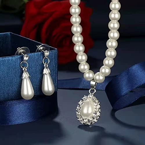 SANNIDHI Pearl Rhinestone Jewelry Set for Women -Necklace&Earring,Raindrop Shape Necklace Earring Suit for Important Occasion Party Gifts