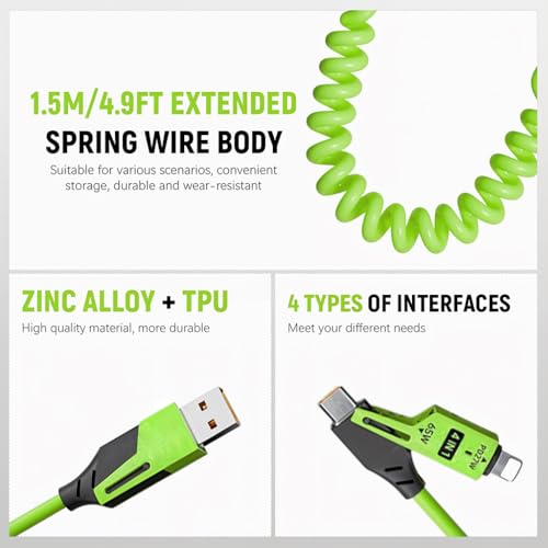 Verilux® 4 in1 Type C Cable with Spring PD65W Fast Charging 480Mbps Data Transfer USB to Type C Multi Adjustable with USB A Lightning Port for iPhone 16 15 Green 3PCS