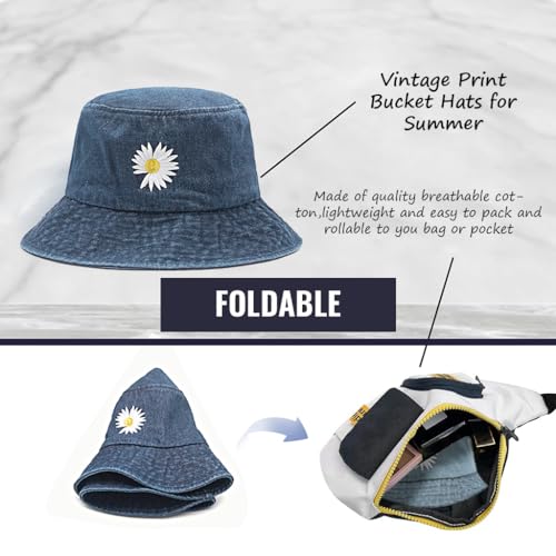 PALAY Women Bucket Hat Embroidery Daisy Flower Denim Bucket Hat Sun Hat Casual Outdoor Sun Cap Wide Brim Hat