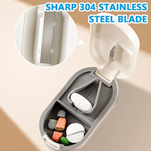 HANNEA® Pill Cutter Portable Splitter 2-in-1 Case with Stainless Steel Blade for Small or Large Vitamins Tablets Mini Organizer Compartment White 2PCS
