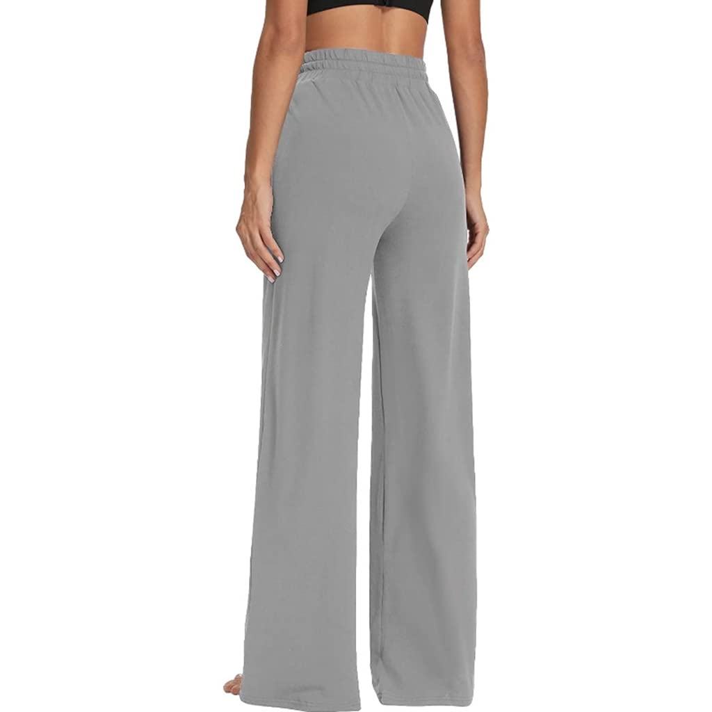PALAY Yoga Pants for Women Cotton Sweatpant Wide Leg Lounge Pajamas Pants with Pockets, Casual Trousers Comfy Drawstring Straight Pants for Jogging Workout Running (Grey, Size L)