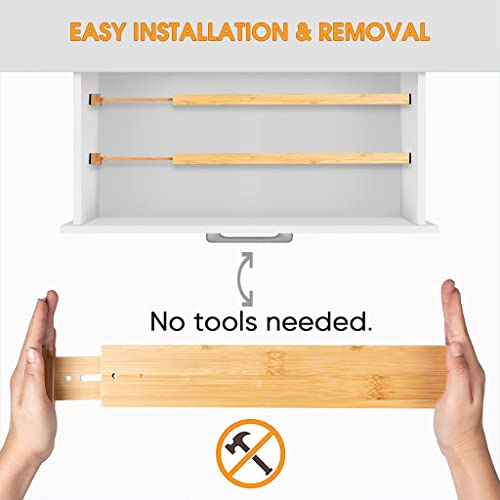 HASTHIP 4 Pack Bamboo Drawer Dividers Organizers, 17-22 inch Long Expandable Drawer Organization Separators for Kitchen, Dresser, Bathroom, Bedroom, Desk, Office Drawer (Wood)