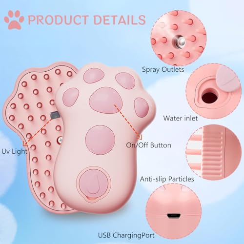 Qpets Cat Steam Brush, Steam Brush for Cats and Dogs, Dog Steam Brush Steamy Pet Steam Hair Brush, 3 in 1 Dog Hair Brush Dog Comb with UV Sterilization Light (Pink)