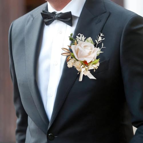 PALAY 2pcs Wrist Corsage and Boutonniere for Wedding, Wedding Rose Flower Jewellery Boutonniere Set Bridesmaids Artificial Hand Flower Corsage for Women Party Prom Suit Decorations