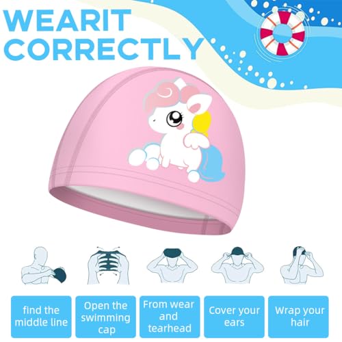 Proberos® Swimming Cap for Girls Waterproof Elastic PU Coated Ideal All Head Shape Silicone Easy Fit No Hair Pulling Chlorine Resistant Swim Kids Age 3-12 2PCS