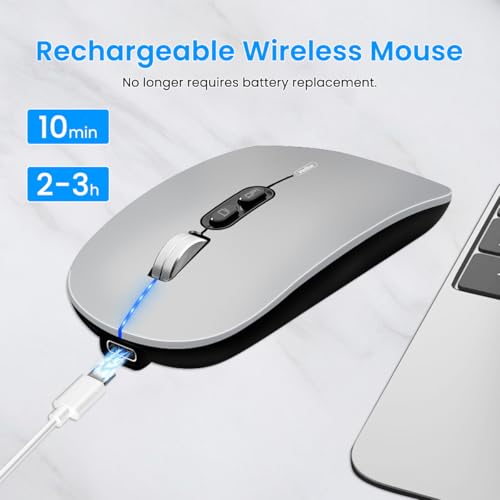 Verilux® Wireless Mouse Rechargeable Battery Level Visible 3 Modes 2.4G 3.0BT 5.0BT Bluetooth for Laptop 1600DPI Ergonomic Silent Mac PC iPad Grey 3PCS