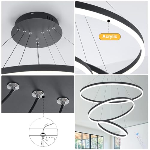 HASTHIP LED Pendant Light, 3 Rings Ceiling Light, with Dimmable and Adjustable Color Chandelier Lamp, with Remote Ceiling Lights for Living Room for Dining Room Bedroom Hallway (Black)