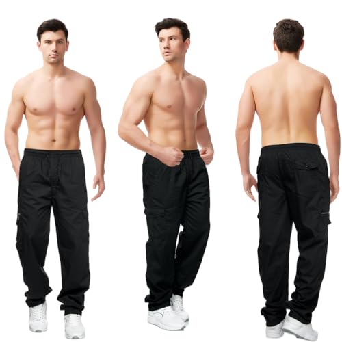 GUSTAVE Cargo Pants for Men - Polyester Casual Baggy Pants - Elastic Adjustable Waistline Fashion Summer Lightweight Loose Men'S Trousers Sport - Cargo Trousers for Men With Multi Pockets - L Black