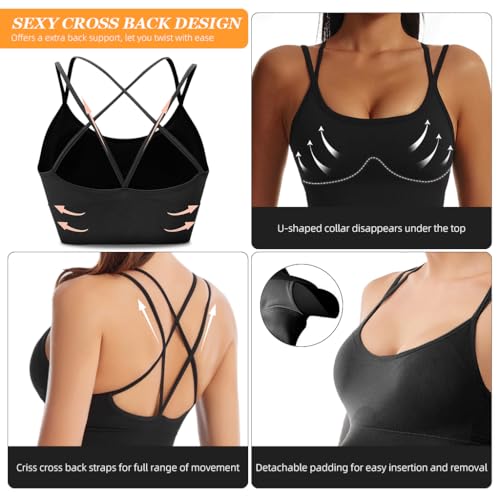 PALAY Women's Sports Bra Longline, Molded Cup Double Spaghetti Strap Yoga Bra Thin Strap Low Impact Workout Bra Crisscross Back Yoga Crop Tank Tops, L