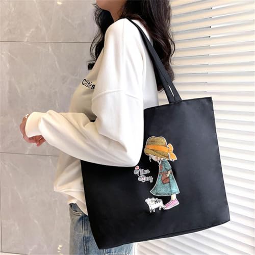 ZIBUYU® Aesthetic Canvas Tote Bag For Women, Reusable Cotton Shopping Bag, Modern Black Graphic Print, Foldable, Machine Washable, Eco-Friendly, Work, Beach, College & Daily Use, 1 Pc (Black)