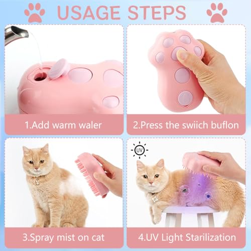 Qpets Cat Steam Brush, Steam Brush for Cats and Dogs, Dog Steam Brush Steamy Pet Steam Hair Brush, 3 in 1 Dog Hair Brush Dog Comb with UV Sterilization Light (Pink)