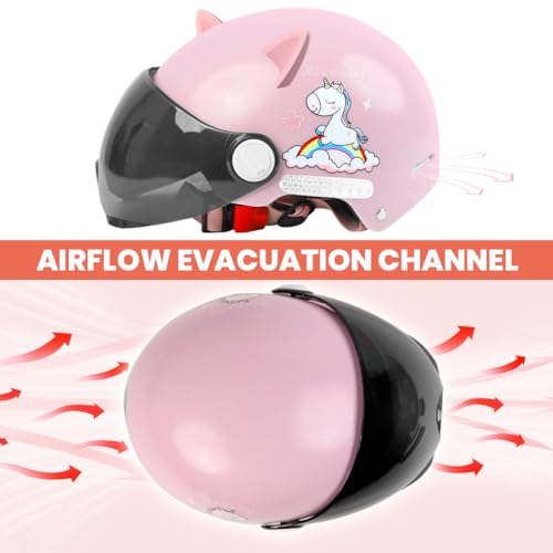 Proberos® Kids Bike Scooter Safety Helmet for 5-12 Year with UV Protection Visor Adjustable Chin Strap Anti-Impact Cushioning Cartoon Bunny Ear Unicorn Bicycle Girls Boys Pink 3 PCS