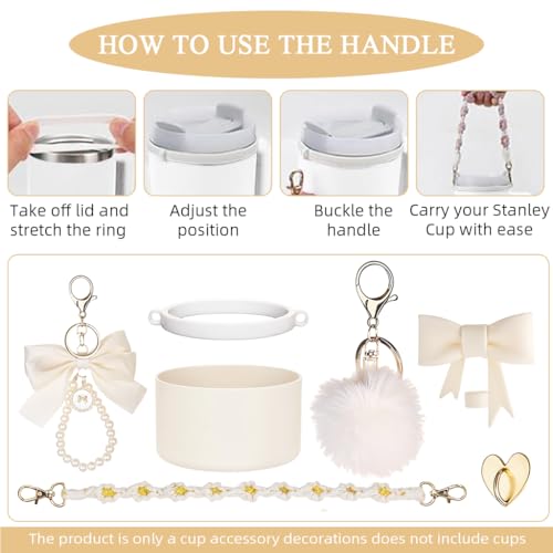HASTHIP® Stanley Cup Accessories, Stanley Bottle Fashion Accessories & Straw Cover Charm Kit Set of 16PCS for 40oz/30oz, Decorative Charm, Silicone Bottom Boot, White